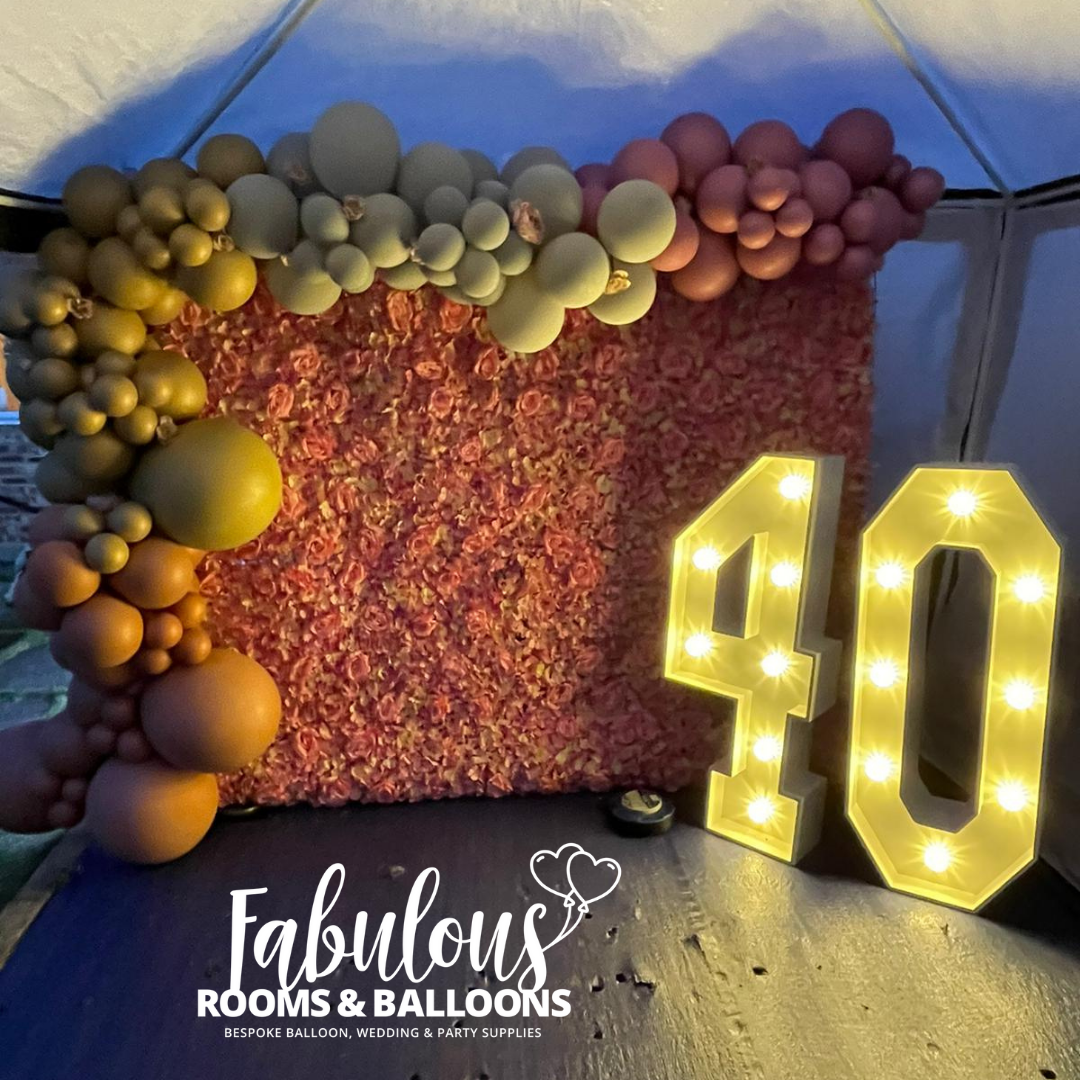 Flower wall, light up numbers and balloon arch photo